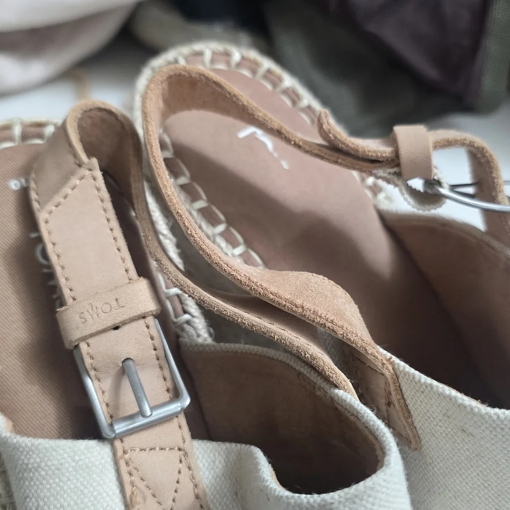 Toms Beige Canvas Espadrille Wedge Sandals with Tan Strap
